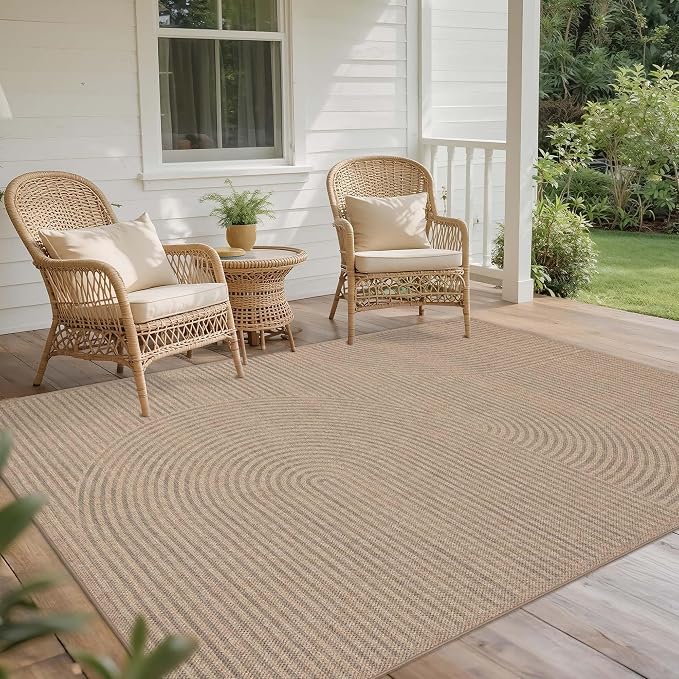 Easy Jute Rug 5x7 Outdoor: Natural Area Rugs for Patio Linen-Look Fabric Durable - Washable Carpet for Living Room Bedroom - Swirl Curved Pattern