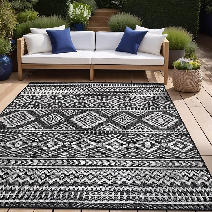 Beverly Rug Waikiki Boho Indoor Outdoor Rug 10x14, Washable Outside Carpet for Patio, Deck, Porch, Bohemian Area Rug, Farmhouse Rugs, Aztec Tribal Rug, Black and White
