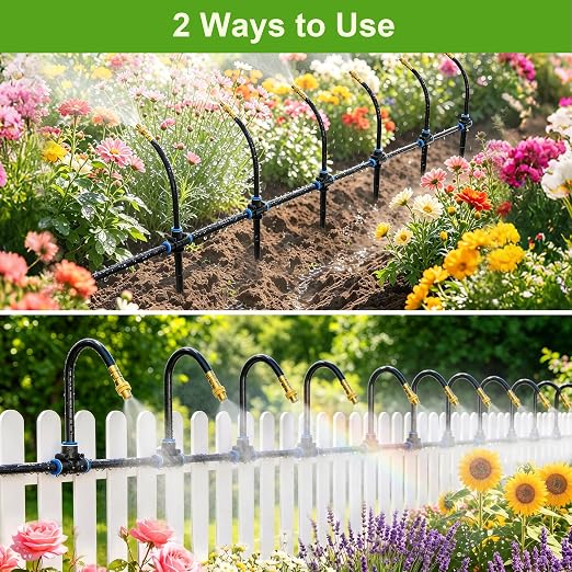 Thiswing 100 FT 360° Adjustable Irrigation System for Garden with Stake Holders – 1/4" Tubing, 16 Nozzles, Automatic Watering Misting System, Sprinkler for Garden, Raised Bed, Lawn, Plants