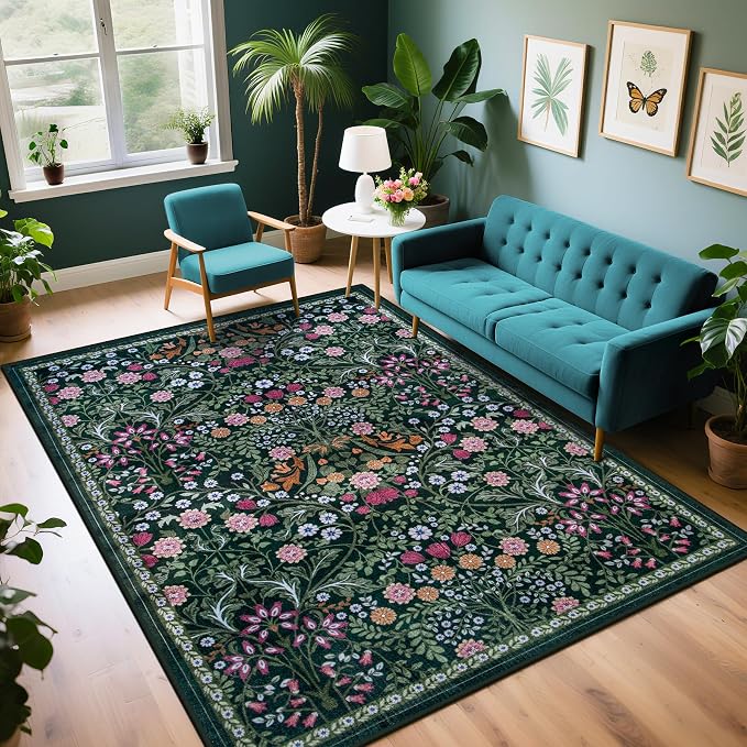 PLHXFR Area Rug Living Room: 4x6 Floral Washable Boho Carpet Dark Green | For Bedroom Dining Room Farmhouse Nursery Hallway,Vintage Floral,Machine washable,Non Slip,Stain Resistant,Large Indoor