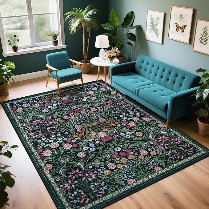 PLHXFR 6x9 Area Rug Living Room: Floral Washable Boho Carpet Dark Green | For Bedroom Dining Room Farmhouse Nursery Hallway,Vintage Floral,Machine washable,Non Slip,Stain Resistant,Large Indoor