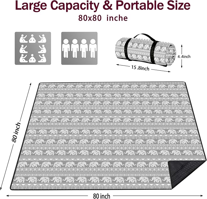 Picnic Blankets Beach Blanket 80" X 80" Extra Large Waterproof Camping Blankets Portable Outdoor Mat 3-Layer Blanket for Beach, Hiking, Park, Music Festival, Grass Lawn,Travel