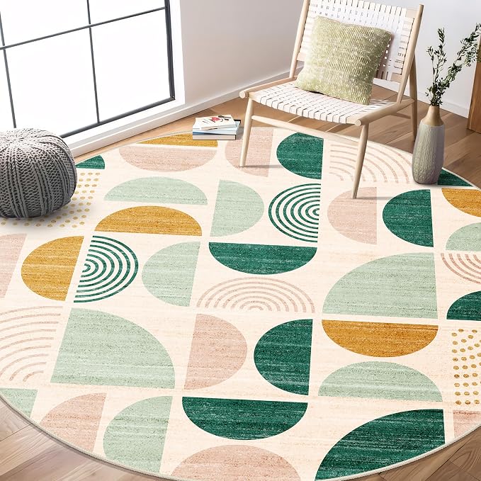 Round Rugs 6ft,Circle Area Rug Washable Non Slip Modern Abstract | Large Circular Rugs for Living Room Dining Room Boho Throw Carpet Soft Low Pile Floor Indoor Bohemian Sage Green