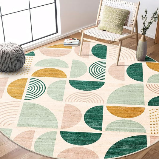 Round Rugs 6ft,Circle Area Rug Washable Non Slip Modern Abstract | Large Circular Rugs for Living Room Dining Room Boho Throw Carpet Soft Low Pile Floor Indoor Bohemian Sage Green