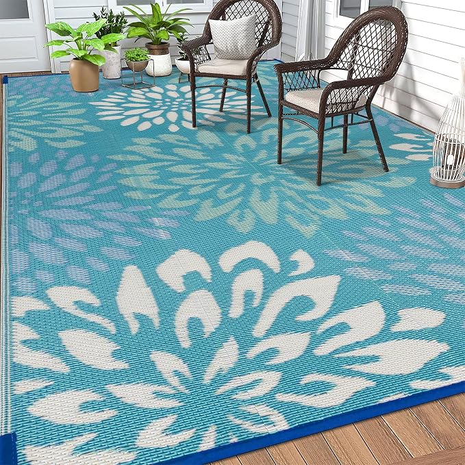 HEBE Waterproof Outdoor Rug 5x8 for Patios, Floral Reversible Plastic Straw Rug Patio Mat, Indoor Outdoor Carpet RV Mat Camping Rug for Deck, Camper, Porch, Balcony, Backyard, Picnic