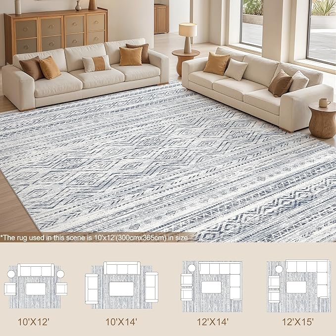 Tortania Area Rug Living Room Rugs- 10x14 Washable Large Soft Neutral Boho Moroccan Bohemian Farmhouse Rug Indoor Floor Carpet for Bedroom Under Dining Table Home Office Decor - Dark Blue