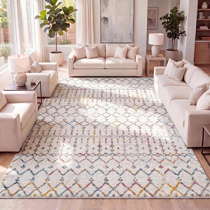 JONATHAN Y Boho Vintage Diamond Ivory/Multi Indoor Area Rug 5X8 ft, Moroccan Hype for Living Room, Bedroom, Kitchen, Office, Easy-Cleaning, High Traffic, Pet-Friendly, Non-Shedding (MOH101E-5)