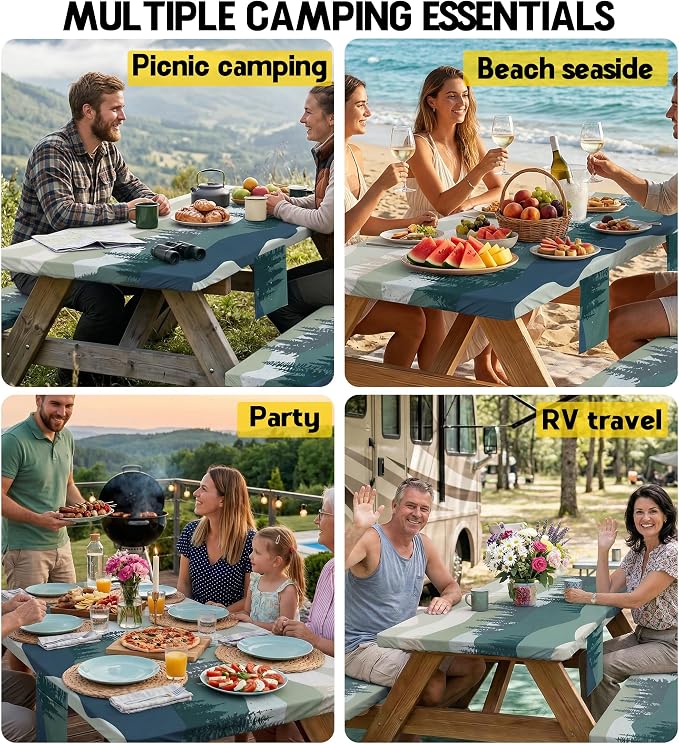 Picnic Table Cover with Bench Covers Waterproof Elastic Rectangle Tablecloth Camping Essentials Supplies Rv Car Travel Must Haves Gear Accessories Fitted Table Cloth Outdoor Road Trip Camper Gifts 8ft