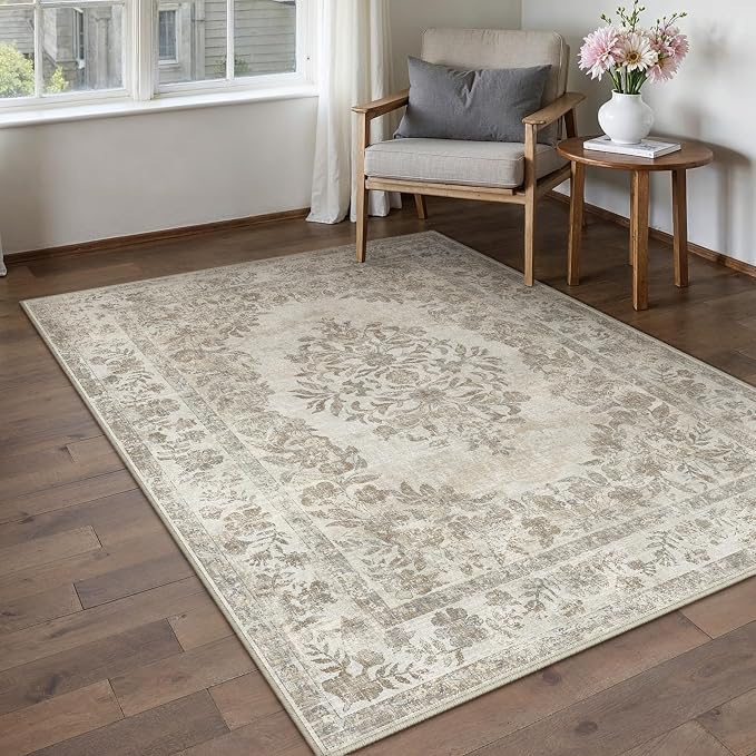 3x5 Washable Area Rug Entryway Cream Beige Vintage Small Doormat | Soft Low Pile, Non Slip, Stain Resistant, Floral Medallion, Neutral Retro Decor for Living Room, Bathroom, Bedroom, Office