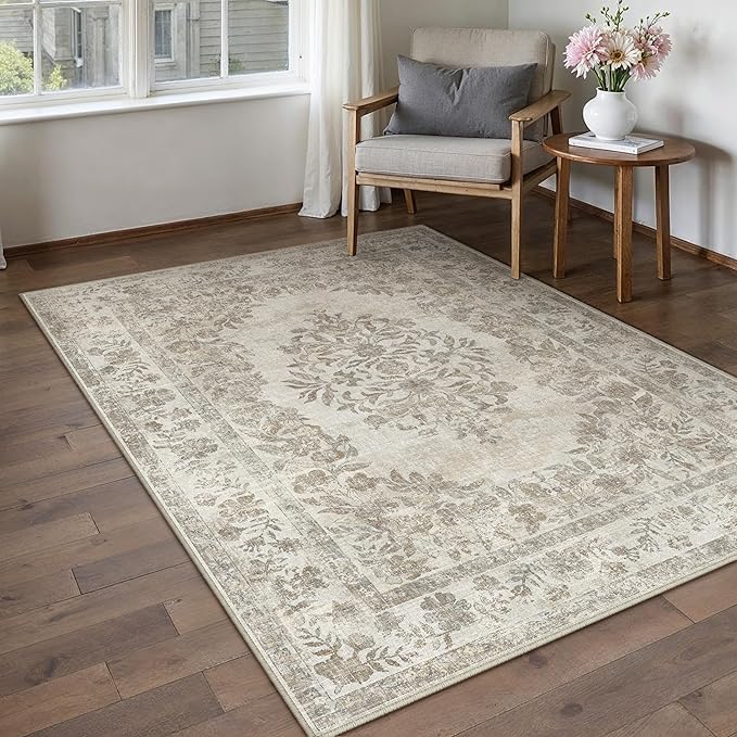 4x6 Washable Area Rug Bedroom Cream Beige Vintage Small Carpet | Soft Low Pile, Non Slip, Stain Resistant, Floral Medallion, Neutral Retro Decor for Living Room, Bathroom, Kids Room, Office