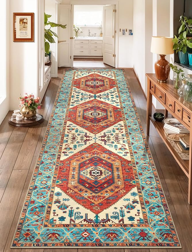SERISSA 2'6"x10' Washable Non Slip Boho Runner Rug for Hallway，Orange | Ultra Soft Vintage Oriental Carpet Low-Pile Tribal Floor Carpet for Kitchen Bedroom Bathroom Laundry Room
