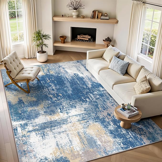 5x7 Rugs for Living Room - Modern Abstract Washable Rug, Ultra Soft Non Slip Low Pile Large Rugs, Floor Carpet for Bedroom Dining Room Office Laundry Nursery Home(Blue & Beige)
