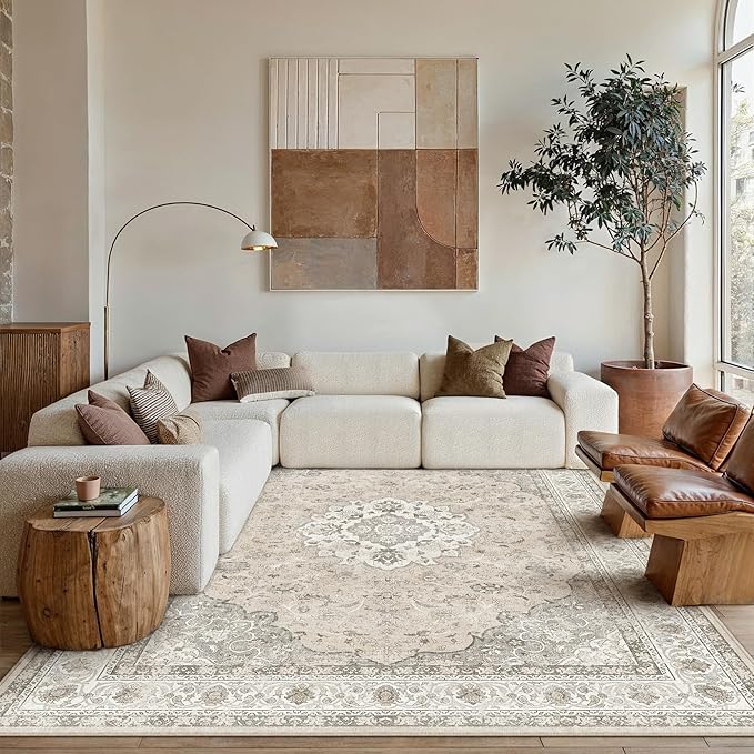5x7 Washable Area Rug Beige Brown Non Slip Vintage Carpet | Low Pile, Stain Resistant, Living Room, Kitchen, Bedroom, Nursery, Office, Dining Room, Hallway, Soft, Large, Lightweight