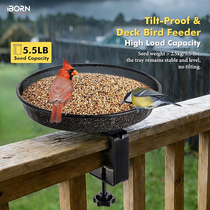 iBorn Deck Bird Feeders for Outdoors,Platform Bird Seed Tray with 5.5 lbs Capacity,Balcony Porch Railing Bird Feeder, Drainage Mesh Holes,Tilt-Proof, Windproof, Anti-Loosen, Easy to Refill&Clean,Black