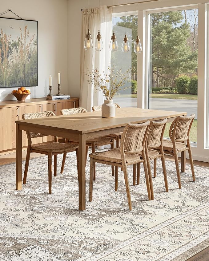 Washable Area Rug-5X7 Vintage Neutral Soft Brown | Non Slip Thin Foldable Large Floor Carpet for Living Room Bedroom Kitchen Dining Room Home Office Farmhouse Indoor