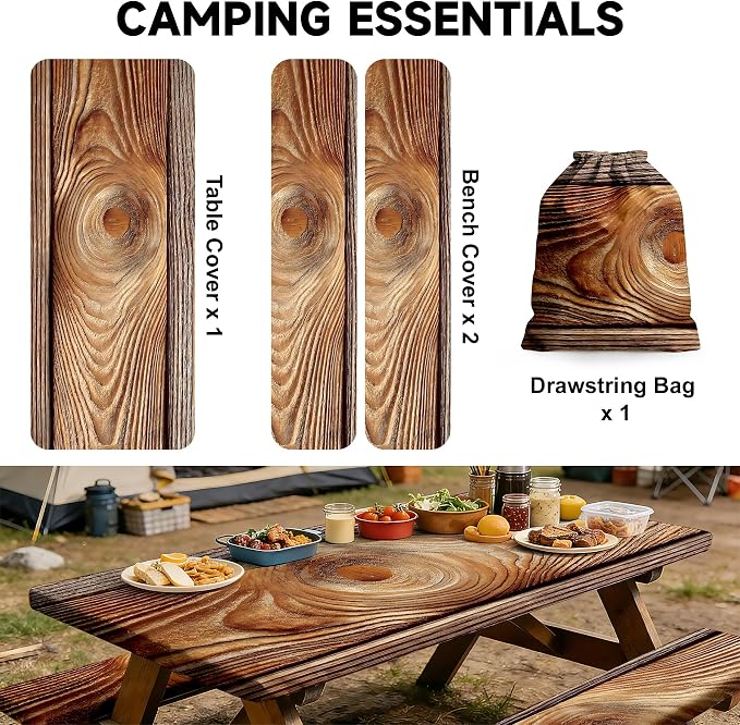 NYZE 3 Pieces Picnic Table Cover with Bench Covers Set, Camping Tablecloth, Tablecloth Cover with Drawstring Bag, Camping Essentials for Outdoor Picnics, Patio, BBQ (Wood Grain)
