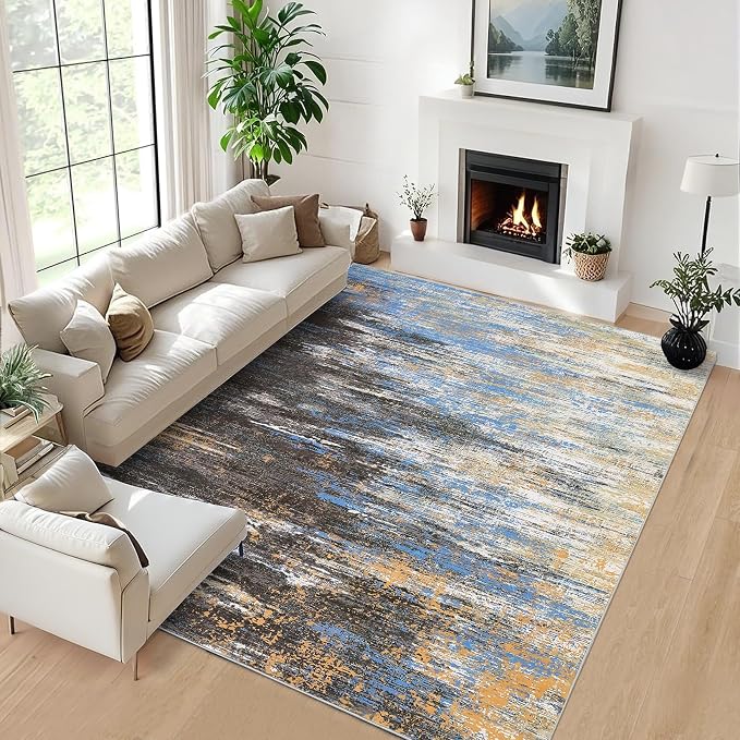 ROYHOME Washable Rug 9x12 Area Rug for Living Room, Blue/Brwon | Non Slip Abstract Rug for Bedroom, Ultra Soft Area Rug, Low Pile Soft Contemporary Indoor Floor Carpet Cover