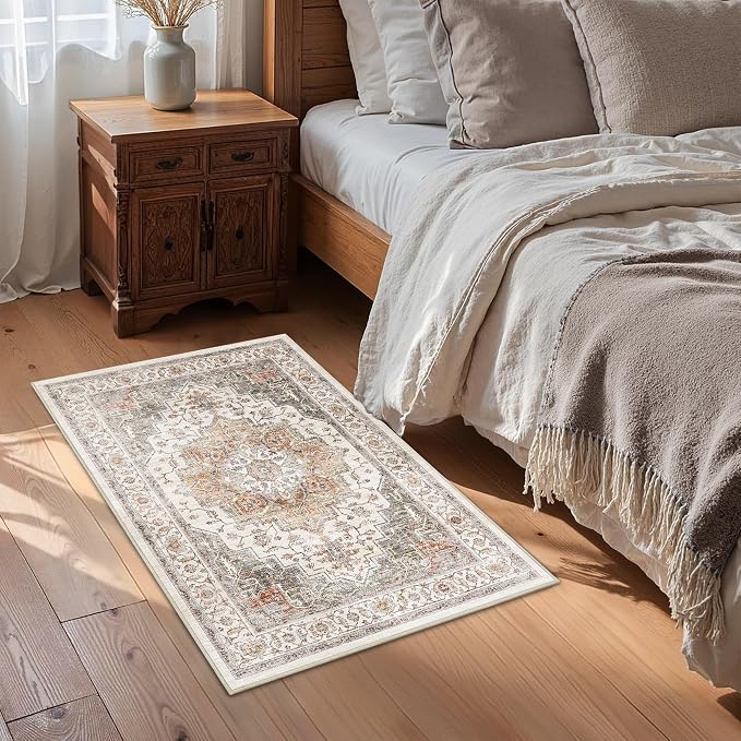 Area Rug 2x3 Entryway Rug Soft Washable Low Pile Vintage Doormat | Non Slip Low Pile Lightweight Carpets Indoor Faux Wool Small Rug Vintage Orange Gray for Entrance Kitchen Bedroom Living Room