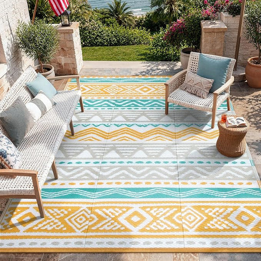 Lahome Waterproof Outdoor Rug 6x9, Reversible Outdoor Plastic Straw Rug for Camping, Large RV Outdoor Patio Rug, Outdoor Rugs Carpet for Porch Deck Backyard Balcony Picnic(Blue/Yellow,6'x 9')