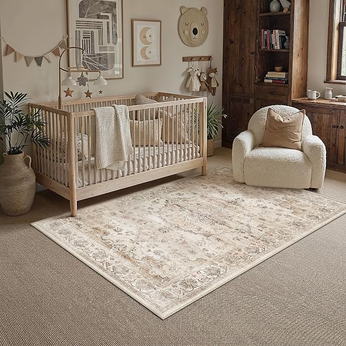 Beige Area Rug 4x6 Living Room Vintage Floral Non-Slip Carpet | Machine Washable, Soft, Low Pile, for Bedroom, Dining Room, Kids Room, Nursery, Office, Retro Neutral Decor