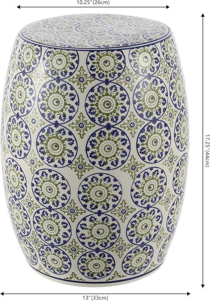 JONATHAN Y Lula 17.25" Chinoiserie Ceramic Drum Garden Stool, Traditional Floral Indoor/Outdoor Patio Side Table, Plant Stand, Blue/Green TBL1025A