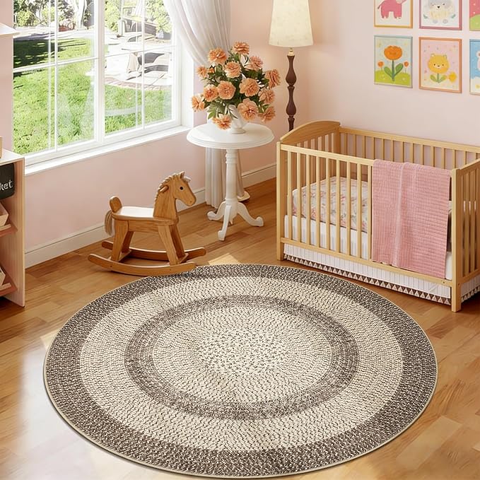 RUGSREAL Modern Bordered Round Area Rug 4ft Washable Bedroom Circle Rugs | Non Slip Stain Resistant Dining Room Round Throw Carpet Contemporary Circle Mats for Living Room Kitchen Nursery, Camel