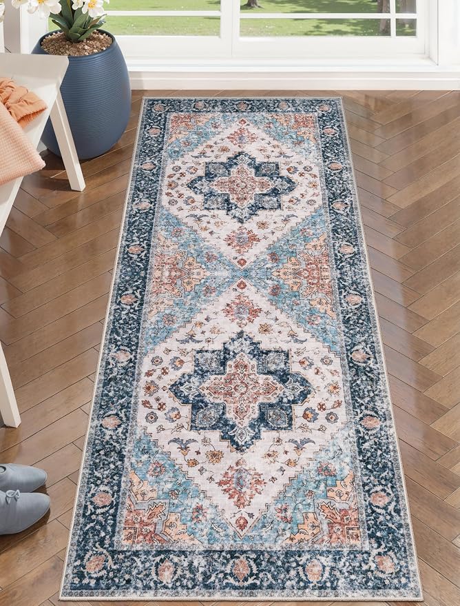 SERISSA 2x5 Washable Non Slip Boho Runner Rug for Hallway，Blue Orange | Ultra Soft Vintage Oriental Carpet Low-Pile Distressed Tribal Floor Carpet for Kitchen Bedroom Bathroom Laundry Living Room