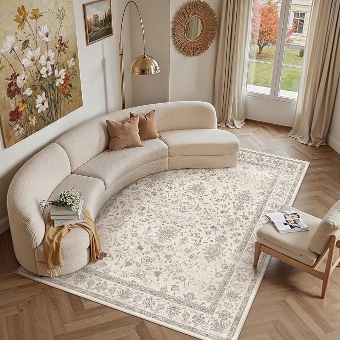 Beige 8x10 Washable Area Rug Neutral Vintage Floral Carpet | Soft Low Pile, Non Slip, Stain Resistant, Retro Accent Decor for Living Room, Bedroom, Dining Room, Kids Room, Office