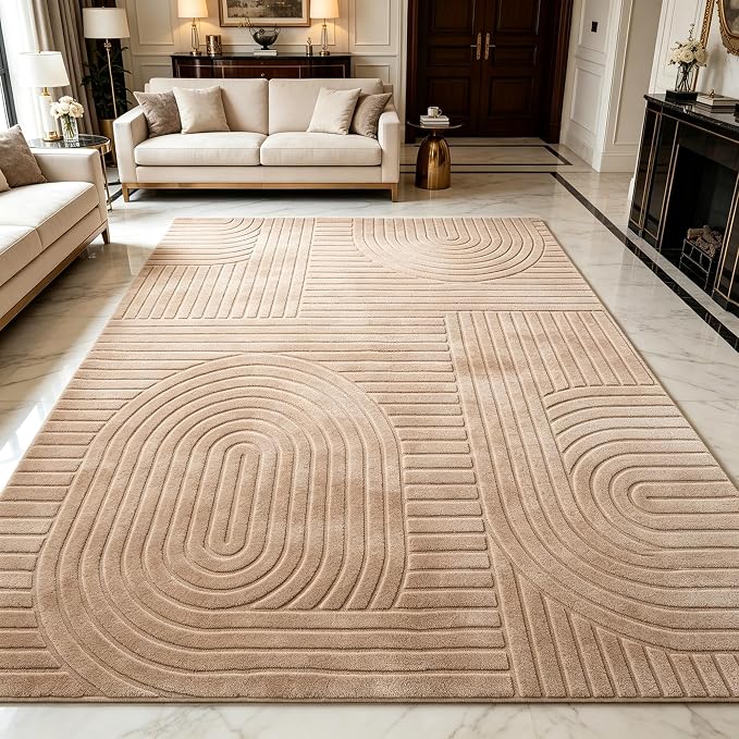 Camel Boho 8x10 Solid Color Area Rugs, Washable Living Room Rug | Ultra Soft Plush High-Low Pile Carpet, Fluffy, Non-Slip Durable Rugs for Bedroom, Kids Room, Nursery, Apartment, Home Office