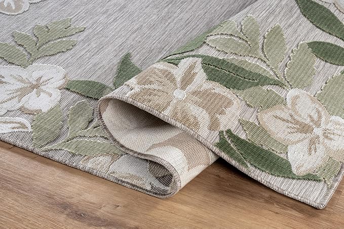 Outdoor Rug 9x12 Washable Area Rugs Indoor Outdoor Carpets Green Border Floral Non Shedding Waterproof Easy Clean Patio Deck Porch Living Room Bedroom Garden RV (9 X 12 Green)