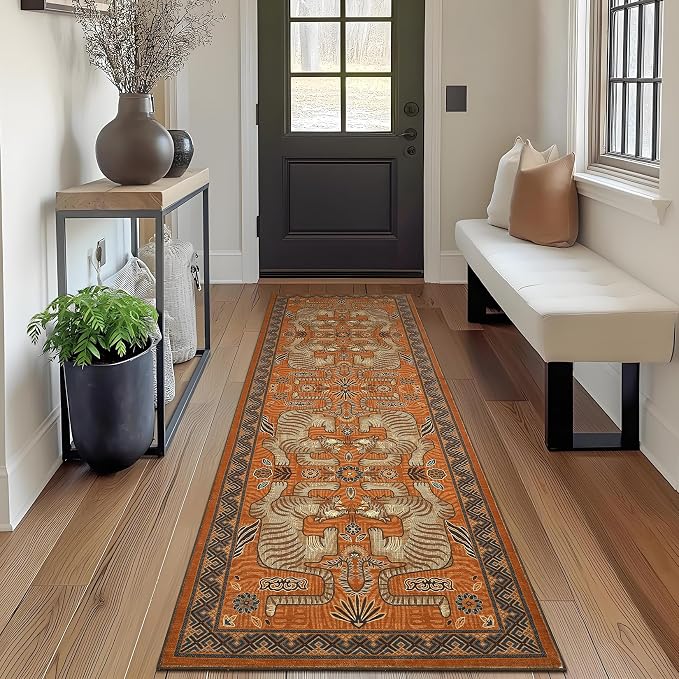 GarveeHome Tiger Print 2.5'x8' Washable Non Slip Runner Boho Hallway Rugs | Terracotta Kitchen Runner Ultra Thin Soft Vintage Tribal Indoor Throw Floor Carpet for Laundry Entryway Bedroom Bathroom