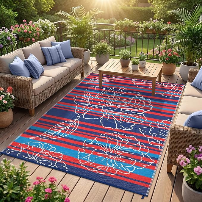 Garvee 6x9 Outdoor Waterproof Rug, Floral Outdoor Area Rug，Reversible Plastic Straw Patio Rug, Portable Camping Mat for RV, Picnic, Beach, Balcony, Garden & Camping Red&Navy