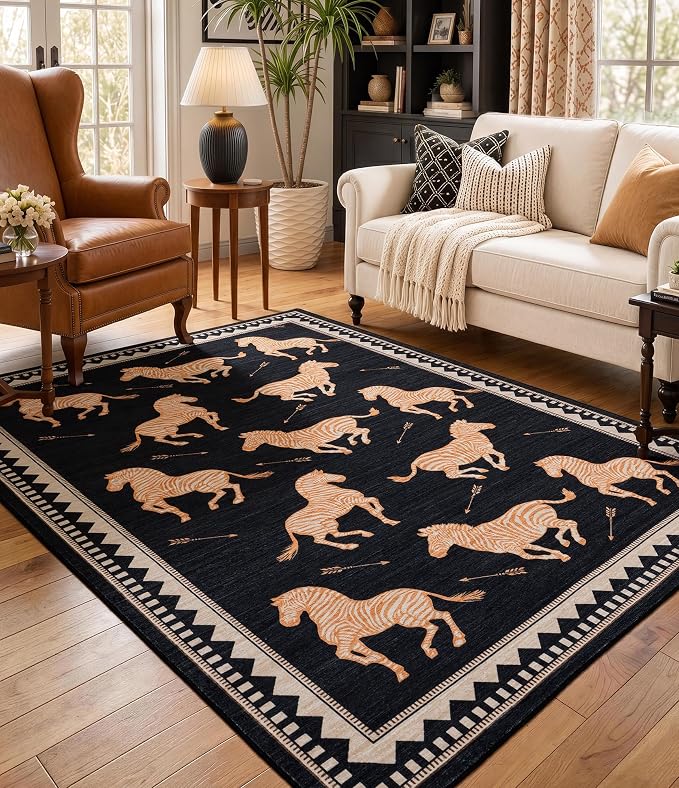 YIHOUSE Black and Gold Zebra Area Rugs 5×7, Washable Animal Print Rug with Geometric Border, Non-Slip Low Pile Mid-Century Modern Carpet for Living Room, Bedroom, Dining Room
