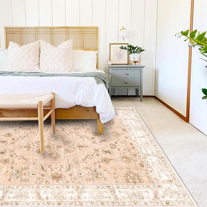 CHAMPLANT Area Rug 6x9 Washable Rug Tangerine Vintage Traditional Floor Cover Thin Retro Kitchen Indoor Distressed Non Slip Carpet Floral Print Mat Living Room Bedroom Dining Room