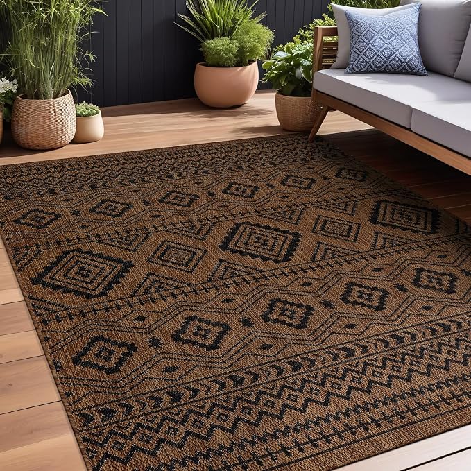 Beverly Rug Waikiki Boho Indoor Outdoor Rug 5x7, Washable Outside Carpet for Patio, Deck, Porch, Bohemian Area Rug, Farmhouse Rugs, Aztec Tribal Rug, Nut Brown and Black