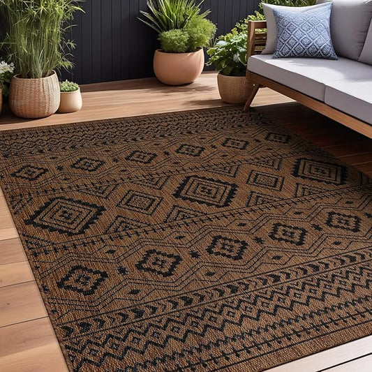 Beverly Rug Waikiki Boho Indoor Outdoor Rug 9x12, Washable Outside Carpet for Patio, Deck, Porch, Bohemian Area Rug, Farmhouse Rugs, Aztec Tribal Rug, Nut Brown and Black