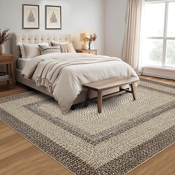 RUGSREAL Large Bedroom Rug 6x9 Washable Braided Print Living Room Rugs | Non Slip Low Pile Farmhouse Rustic Carpet Geometric Bordered Braided Carpet for Nursery Kitchen Home Office, Camel