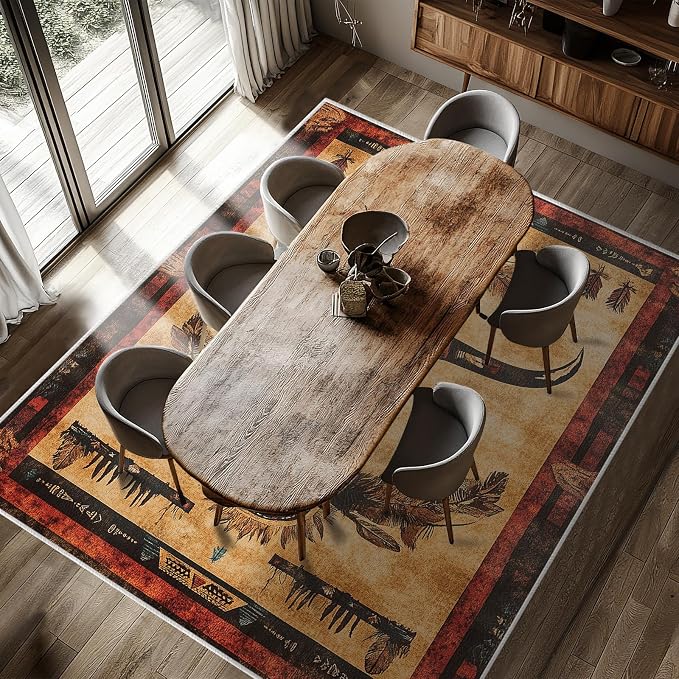 Western Area Rug Southwestern Cow Washable 8x10 Navajo Tribal Rugs for Living Room Bedroom Cowboy Rustic Non-Slip Soft Floor Large Carpet for Office Entryway Bathroom