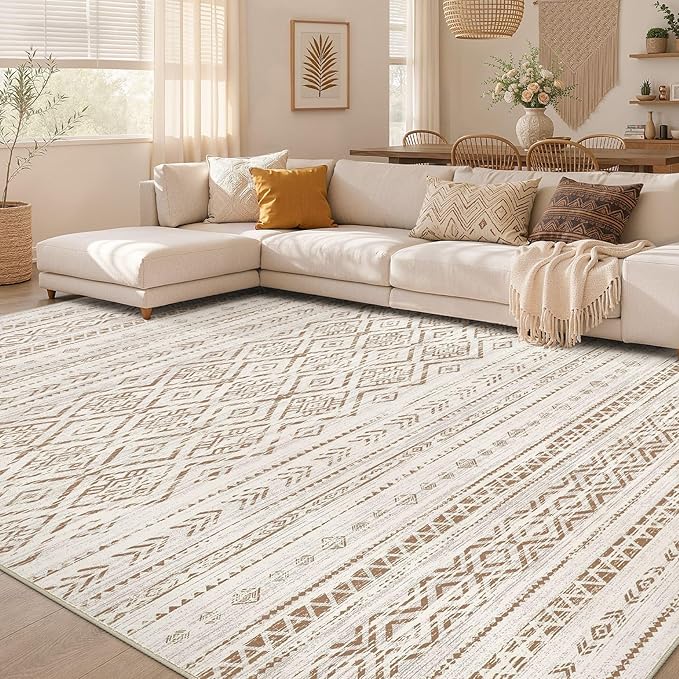 Nakagishi Area Rug Living Room Rugs: 10x14 Large Soft Machine Washable Boho Moroccan FarmNeutral Stain Resistant Indoor Floor Carpet for Bedroom Under Dining Table Home Office Decor-Brown