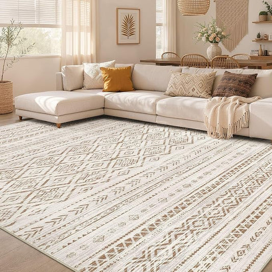 Nakagishi Area Rug Living Room Rugs: 5x7 Large Soft Machine Washable Boho Moroccan FarmNeutral Stain Resistant Indoor Floor Carpet for Bedroom Under Dining Table Home Office Decor-Brown