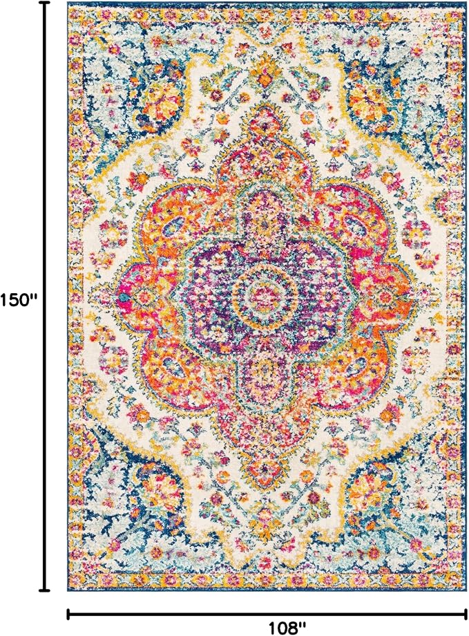 Livabliss Area Rugs - 9x12 Romaine Vintage Boho Fuchsia Mustard Blue Area Rug for Living Room Bedroom - Floral Medallion Stain Resistant Carpet for Kitchen, Nursery, Office (9' x 12'6")