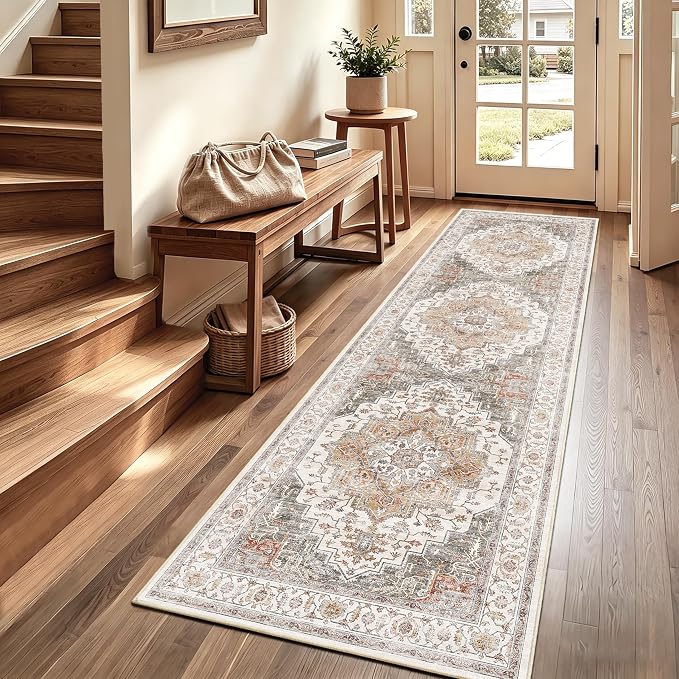 3x10 Vintage Runner Rug Low Pile Non-Slip Washable Kitchen Rug | Retro Distressed Print Rug Orange Gray Carpet Stain Resistant Non-Shedding Long Rug for Hallway Kitchen Bedroom Laundry Room