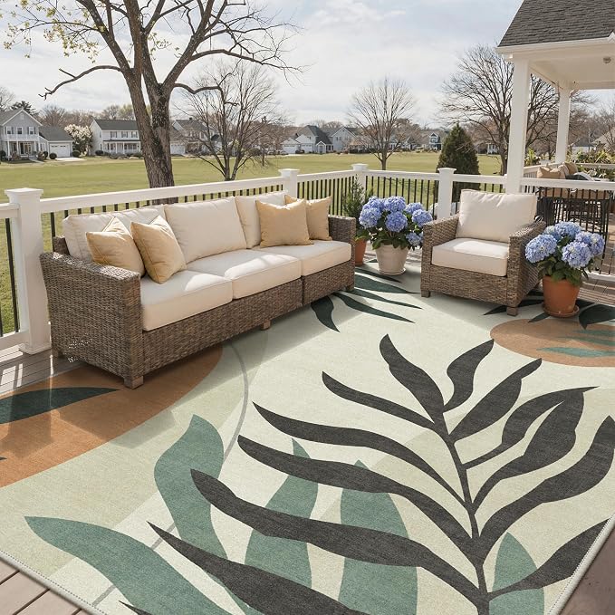 GENIMO Outdoor & Indoor Area Rug 9'x12', Waterproof, Non-Shedding, Easy Cleaning, Leaf Mat for Patio, Living Room, Balcony, Dining Room, RV, Deck, Bedroom, Camping, Outside Carpet, Beige Grey