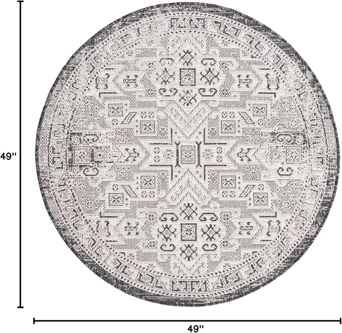 Unique Loom Outdoor Aztec Collection Area Rug - Coba (4' 1" Round, Charcoal Gray/ Ivory)