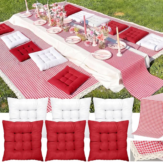 Extra Large Outdoor Picnic Blanket with Table Runner and Floor Pillow Cushion for Picnic Wedding Birthday Baby Shower Backyard Decor(59 x 102'',Burgundy,White,8 Pcs)