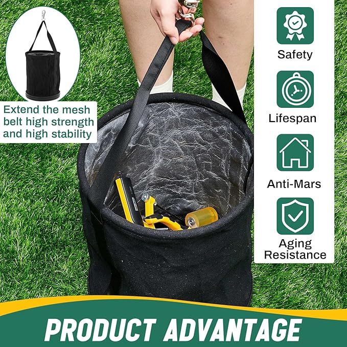 4 Pack Canvas Bucket 15" x 12" Heavy Duty Lineman Tool Bag with Plastic Bottom & Metal Hook Electrician Tool Organizer for Jobsite Use, Load Rated up to 150 Pounds (Black)