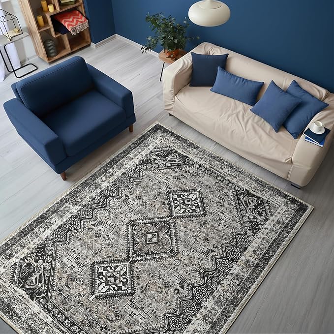 Keen Home Design Vintage Washable Area Rug, Non-Slip Low Pile, 5x7 | Machine Washable Cotton Chenille, 0.25In Low Pile, Rubber Non-Slip Back; Living Room, Bedroom, Dining Room, Office