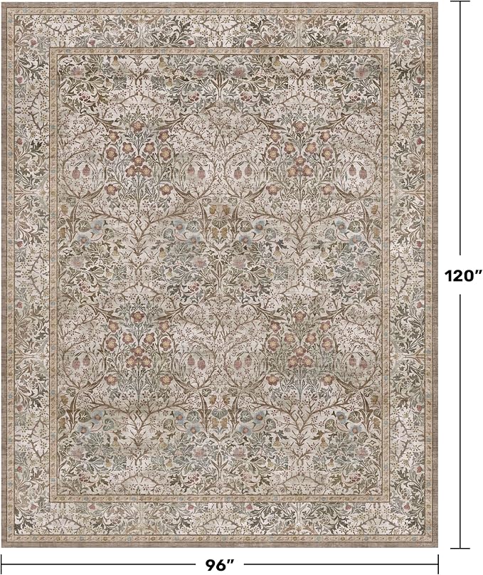 Vintage Moss Green Living Room Rug, Neutral Taupe 8x10 Washable Area Rugs for Bedroom, Dining Room Rugs Under Kitchen Table, Oriental Non-Slip Low Pile Stain Resistant Large Rug
