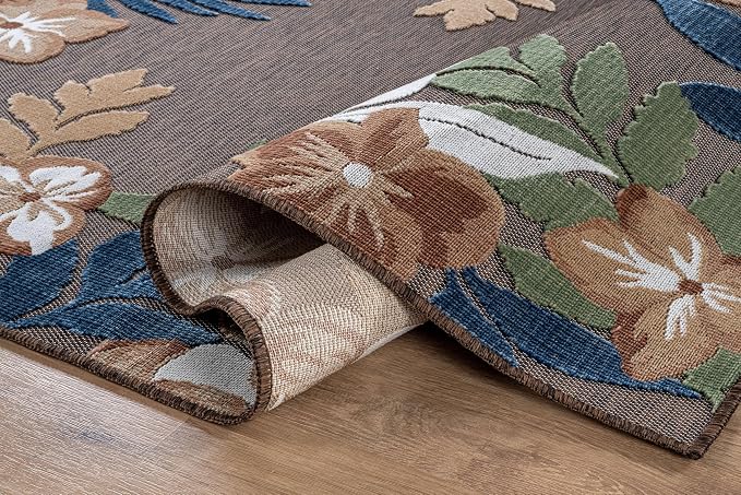 Outdoor Rug 9x12 Washable Area Rugs Indoor Outdoor Carpets Brown Border Floral Non Shedding Waterproof Easy Clean Patio Deck Porch Living Room Bedroom Garden RV (9 X 12 Brown)