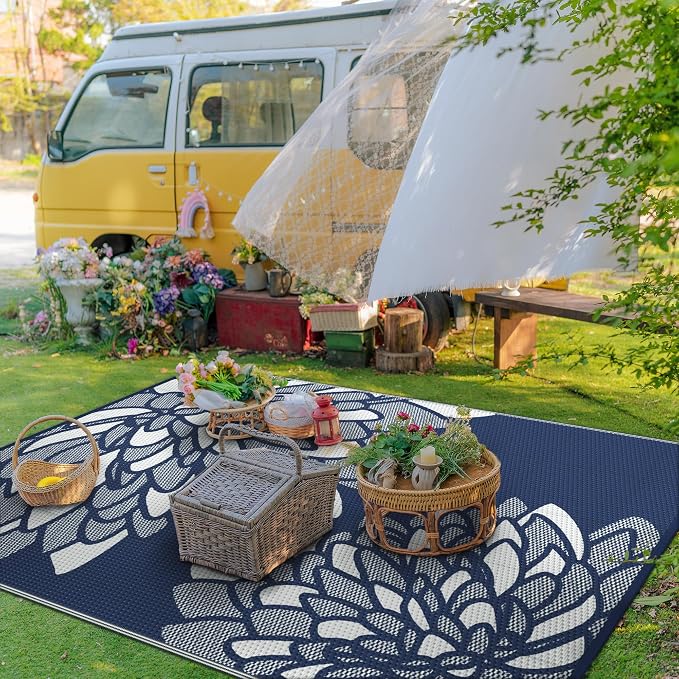 GENIMO Outdoor Rug 6' x 9' Waterproof for Patio Clearance, Reversible Plastic Straw Camping Mat, Lightweight Carpet for Rv, Camper, Deck, Porch, Picnic, Balcony, Beach,Mist Blue & White